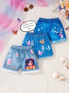 Girls’ Cartoon & Butterflies Print Shorts – Color Block Design, Regular Fit, Machine Washable