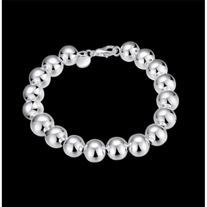 Womens 925 Sterling Silver 10mm Beads Ball String Chain Fashion Bracelet #B293