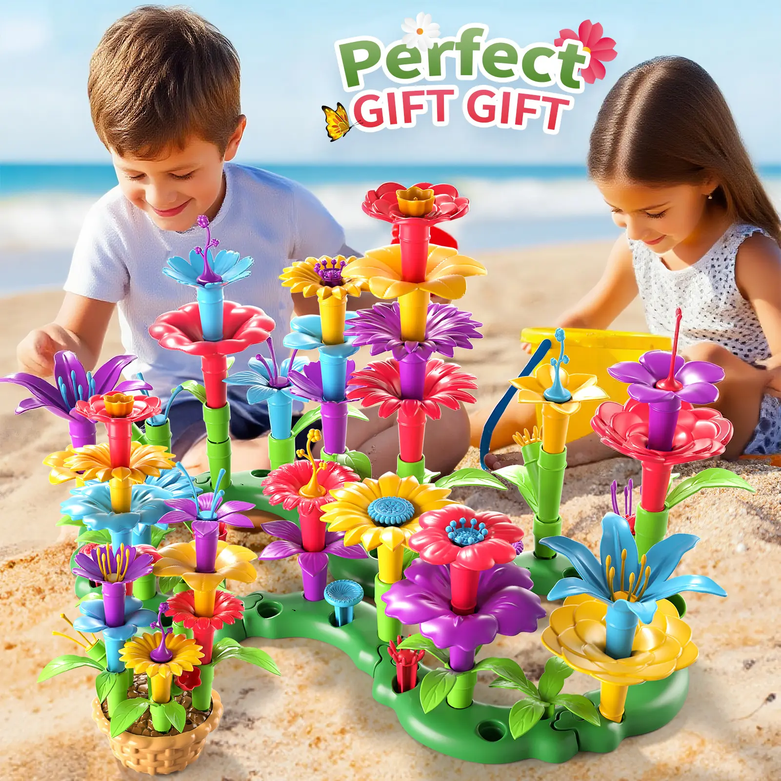 81-Piece Kids Flower Garden Playset - ABS Plastic STEM Educational Toy with Snap Pieces for Creative Play, DIY Floral Arrangement Kit with Storage Box, Boosts Fine Motor Skills, Ideal Gift for 3-4+ Years Boys Girls