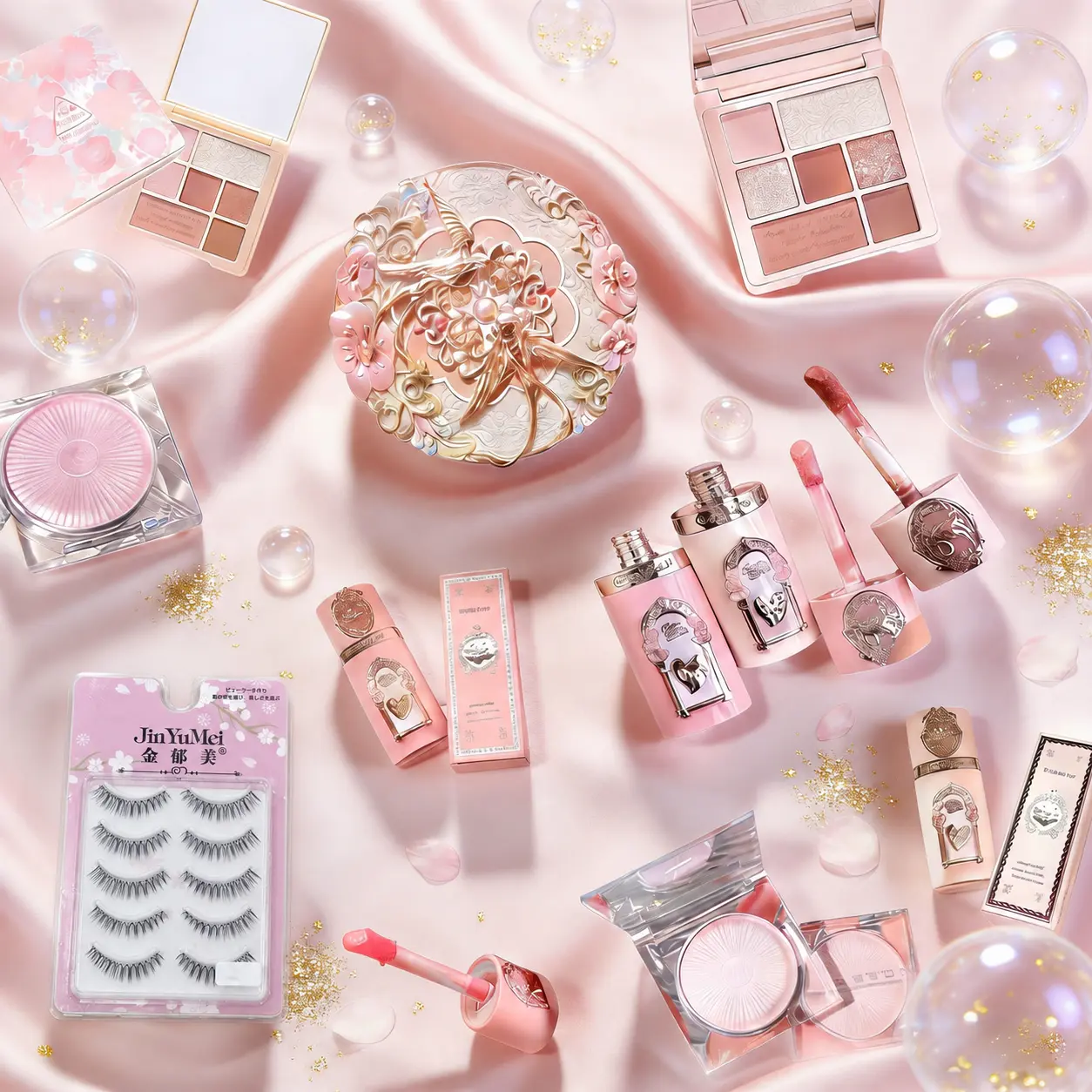 Full face makeup set including eyeshadow palette, lip gloss, blush liquid, highlighter and false eyelashes. Glossy ，Cosmetic Glam Set Beauty Set Beauty Essentials Set Makeover Kit Makeup Ritual Set