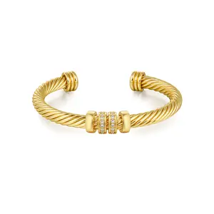 Aprilery Gold Twisted Cable Cuff Bracelet with Rotatable Crystal Bead Open Bangle for Women Versatile Jewelry Piece