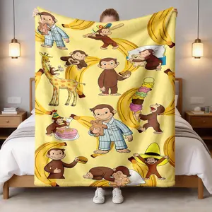 Curious George Banana Theme Flannel Blanket, Large Size, Soft Lightweight Warm, Perfect for Bed Sofa Office Camping Travel, Mother's Day Gift