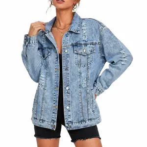 Yimoon Women’s Oversized Distressed Denim Jacket Button Down Vintage Washed Jean Jacket Casual Loose Fall Outerwear Coat