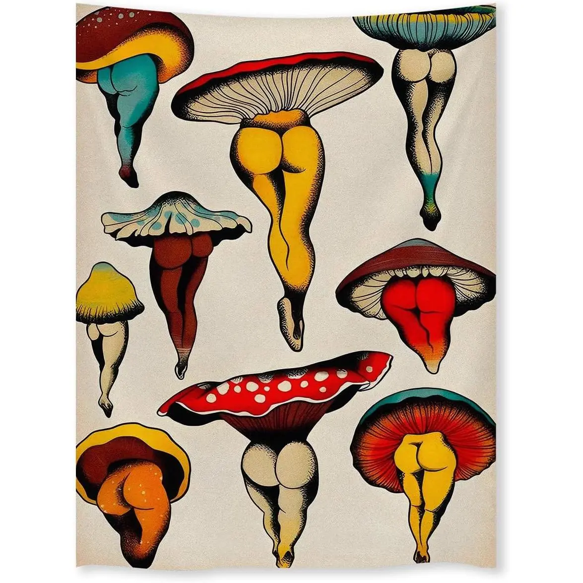Fun Colorful Mushroom-Print Tapestry, 70s Hippy Trippy Wall Art, Whimsical Aesthetic Room Decor, Cute Funny Home Hanging, 30x40 in Tapestry Room Decor for Bedroom Kitchen, Whimsical Room Decor