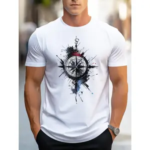 Men's Casual Short Sleeve T-Shirt with Compass Print - Breathable Polyester Round Neck Tee, Machine Washable Lightweight Summer Top for Outdoor Activities & Casual Attire, Smooth Texture Fabric