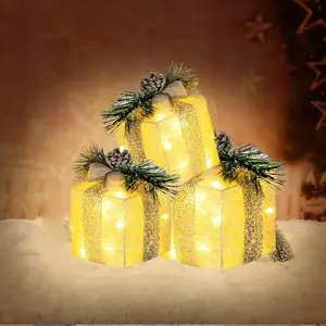 Set of 3 Christmas Lighted Gift Boxes, Pre-lit 60 LED Light Up Present Boxes Ornament Outdoor Warm White Tinsel Boxes Decoration for Indoor Christmas Home Yard Lawn Decor