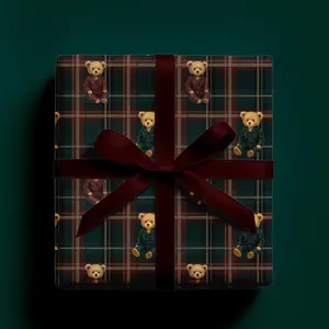 [Sale off up to 50%] Tartan Teddy Bear Christmas Wrapping Paper Roll, Dark Heritage Holiday Gift Wrap, Classic Plaid Christmas Decor, Luxury Matte or Satin Paper