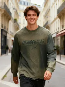 Men's Vintage Washed Tie-Dye Ripped Hole Fringe Graphic Letter Print Long Sleeve Sweatshirt, Casual Round Neck Fitted Pullover, Trendy All-Season Basic Top