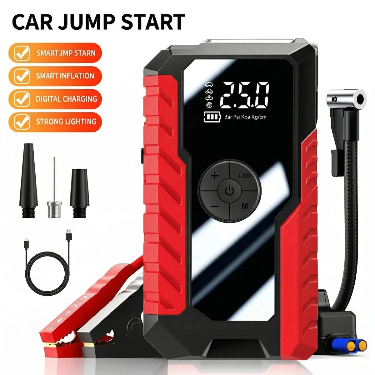 12V Lightweight 25000mAh Lithium Ion Portable Car Jump Starter with Digital Tire Inflator, 2-in-1 Emergency Power Bank, Luminous LED Light & Kit Removal Tool, Emergency Power Pack