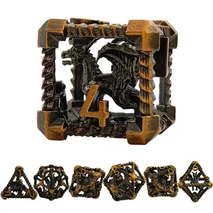 DND Exclusive: Hollow Wing Dragon Metal Dice Set.  Spellcaster's dice with stunning 3D dragon engraving and blood rendering effect for immersive RPG campaigns.