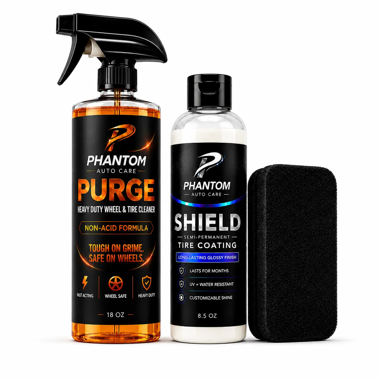 Phantom Wheel & Tire Kit - Purge Heavy Duty Wheel & Tire Cleaner + Shield Semi-Permanent Tire Coating + Applicator Sponge, Non-Acid Formula, Deep Glossy Finish, Lasts for Months