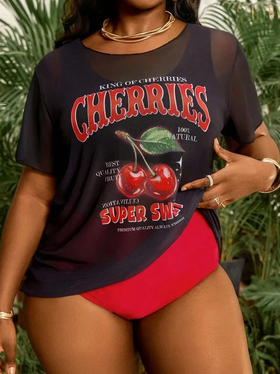Plus Size Cherry Print 3-Piece Set - Mesh Cover-Up & Tankini Swimwear Beach Outfit