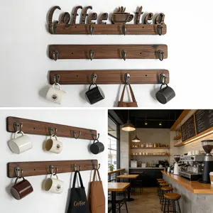 Vintage Style Wooden Thickened Coffee Cup Holder Rack, Set of 3, for Kitchen, Coffee Bar Counter, Hanging Cups, Keys, Scarves