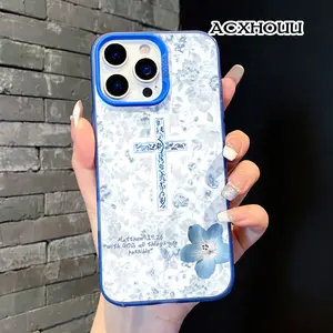 Trendy Original Design Lanyard Case for iPhone 17 16 E 15 14 16promax 16pro 15pro 13 12 11 Blue Floral Cross Serenity Durable Cover Unique and Eye-Catching iphone 13 cases iphone 14 pro case