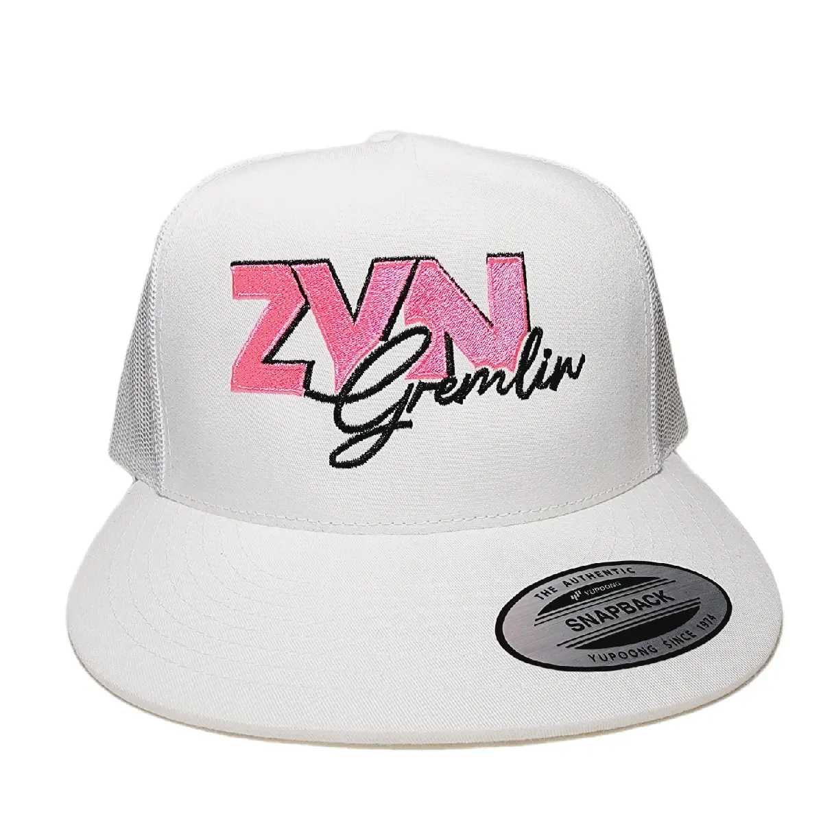 White Trucker Cap with Pink Gremlin Embroidery, Adjustable Snapback with a Flat Bill and Breathable Mesh for Sports & Fishing, Gremlin Snapback, Hiking, Outdoor, Solid Color, Fashion, Travel, Universal, All Seasons, Direct Embroidery
