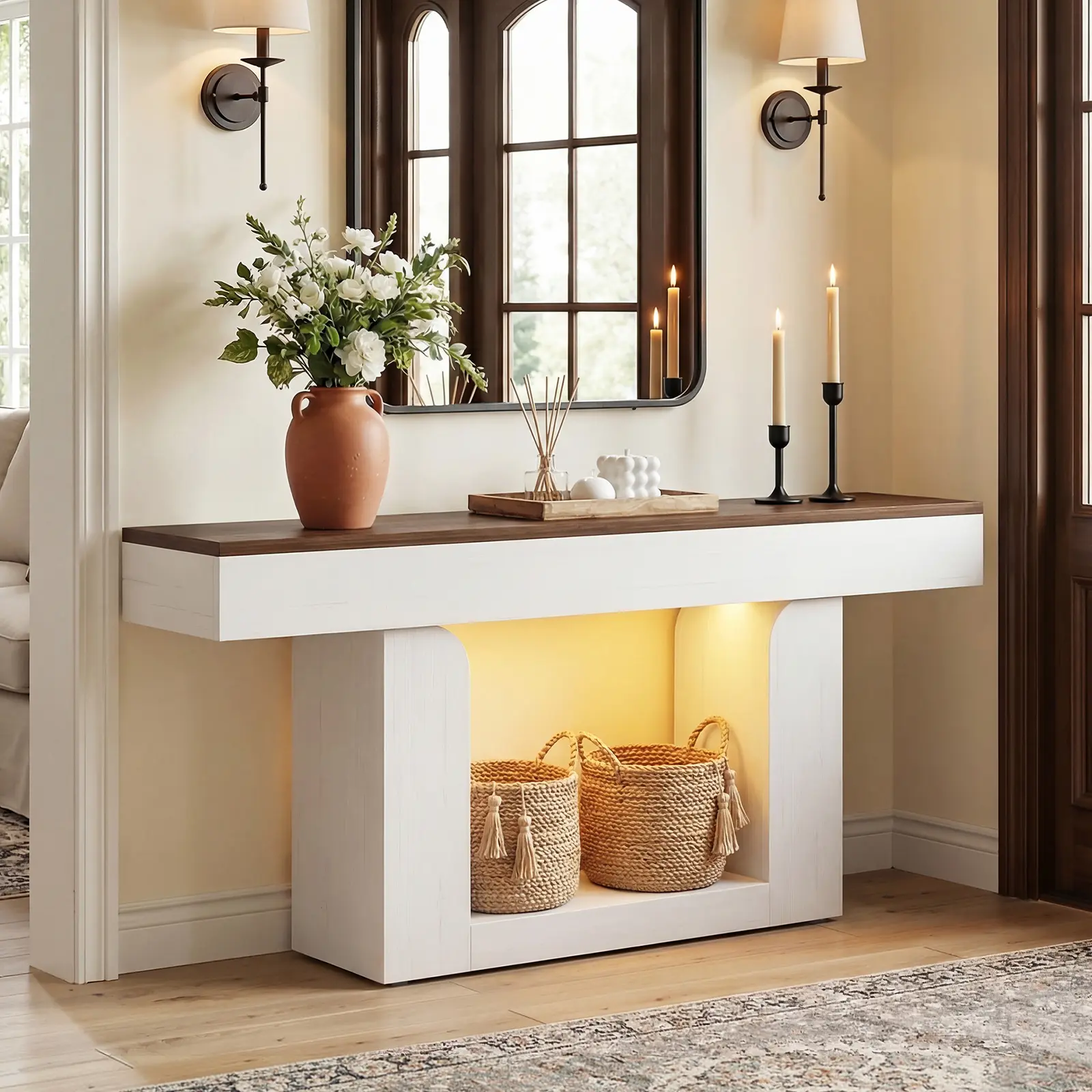 Unikito 63 Inch Entryway Console Table, Wooden Sofa Table Behind Couch with LED Lights & Charging Station, Farmhouse Narrow Hallway Table, summergarden,dorm essentials,home decor