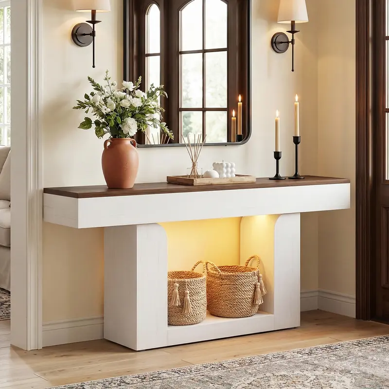 63" Console Table with Charging Station & LED Lights, Wooden Sofa Table Behind Couch, Farmhouse Narrow Hallway Entryway Table, Home Decor, Dorm Essentials, Unikito