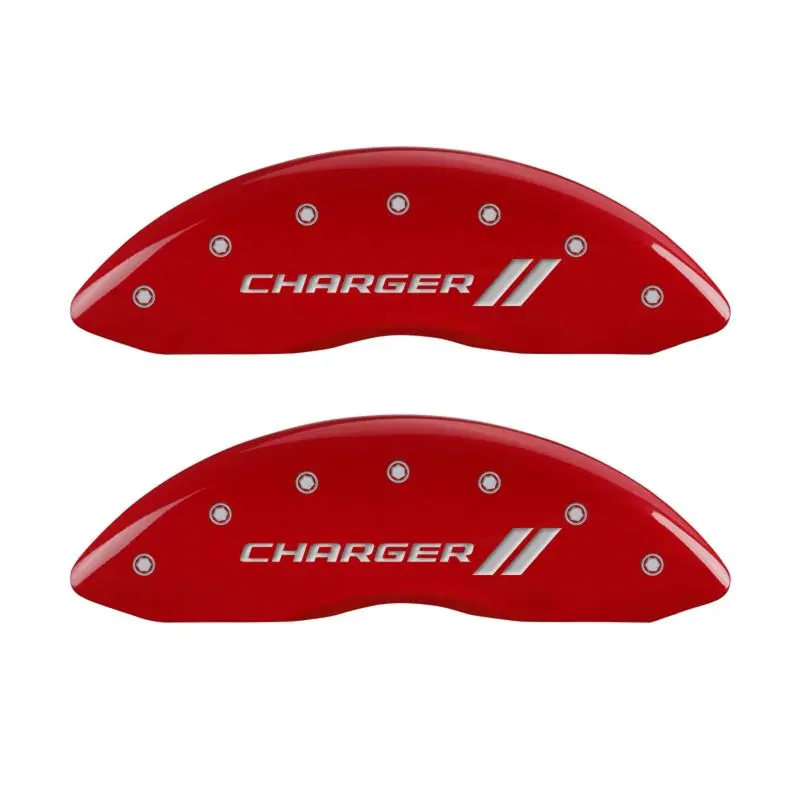 MGP 4 Caliper Covers Engraved Front & Rear With stripes/Charger Red finish silver