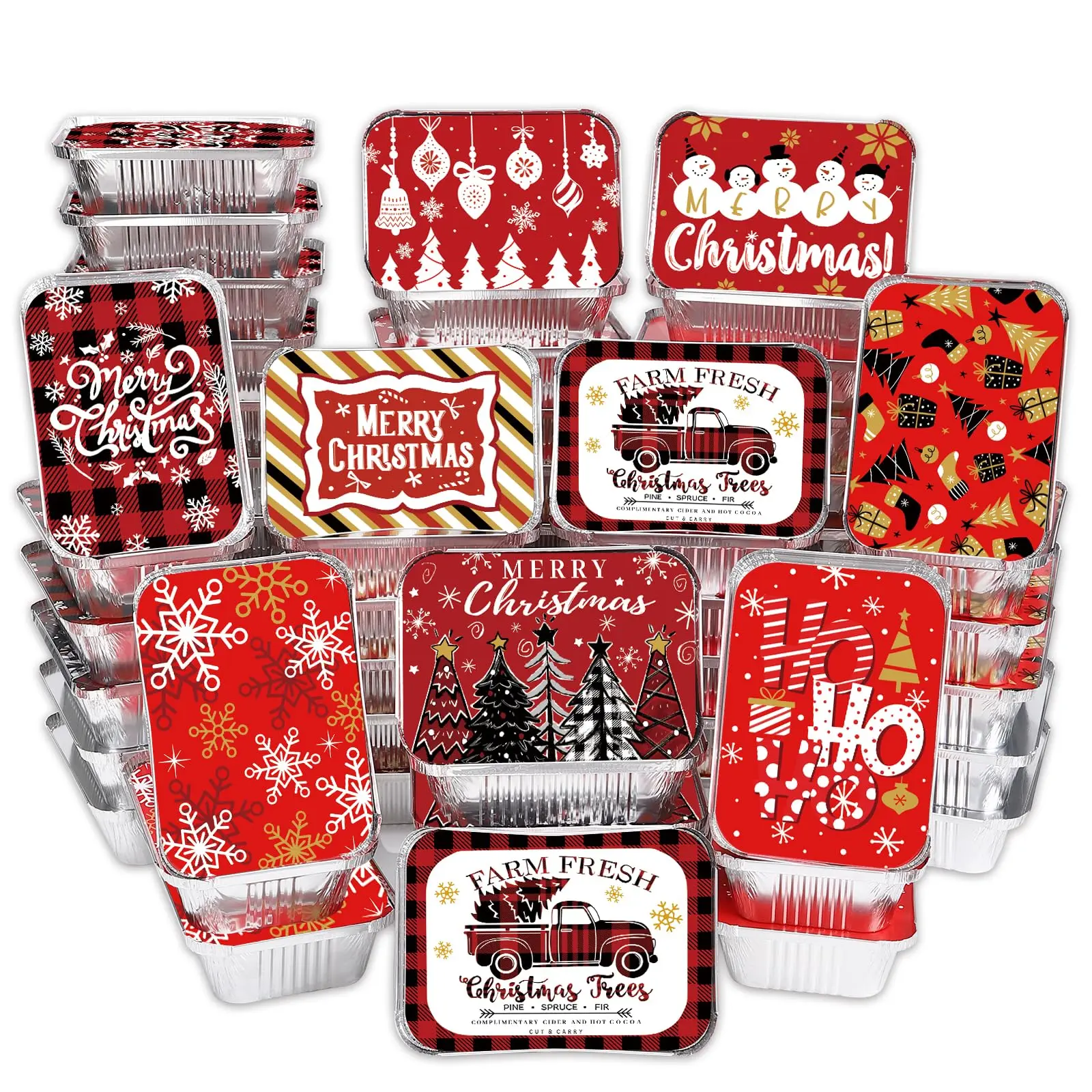 36PCS Christmas Aluminum Food Containers with Lids 9 Styles Merry Christmas Foil Leftover Containers Disposable Cookie Tins Storage Pans for Winter Holiday Gift Giving Party Supplies