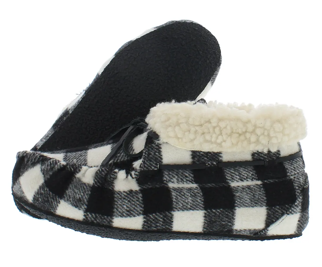 Minnetonka Jacqueline Women's Pile-Lined Suede Slip-On Round Toe Moccasin Slippers, Classic Indoor-Outdoor Casual Women's Shoes, Black/White