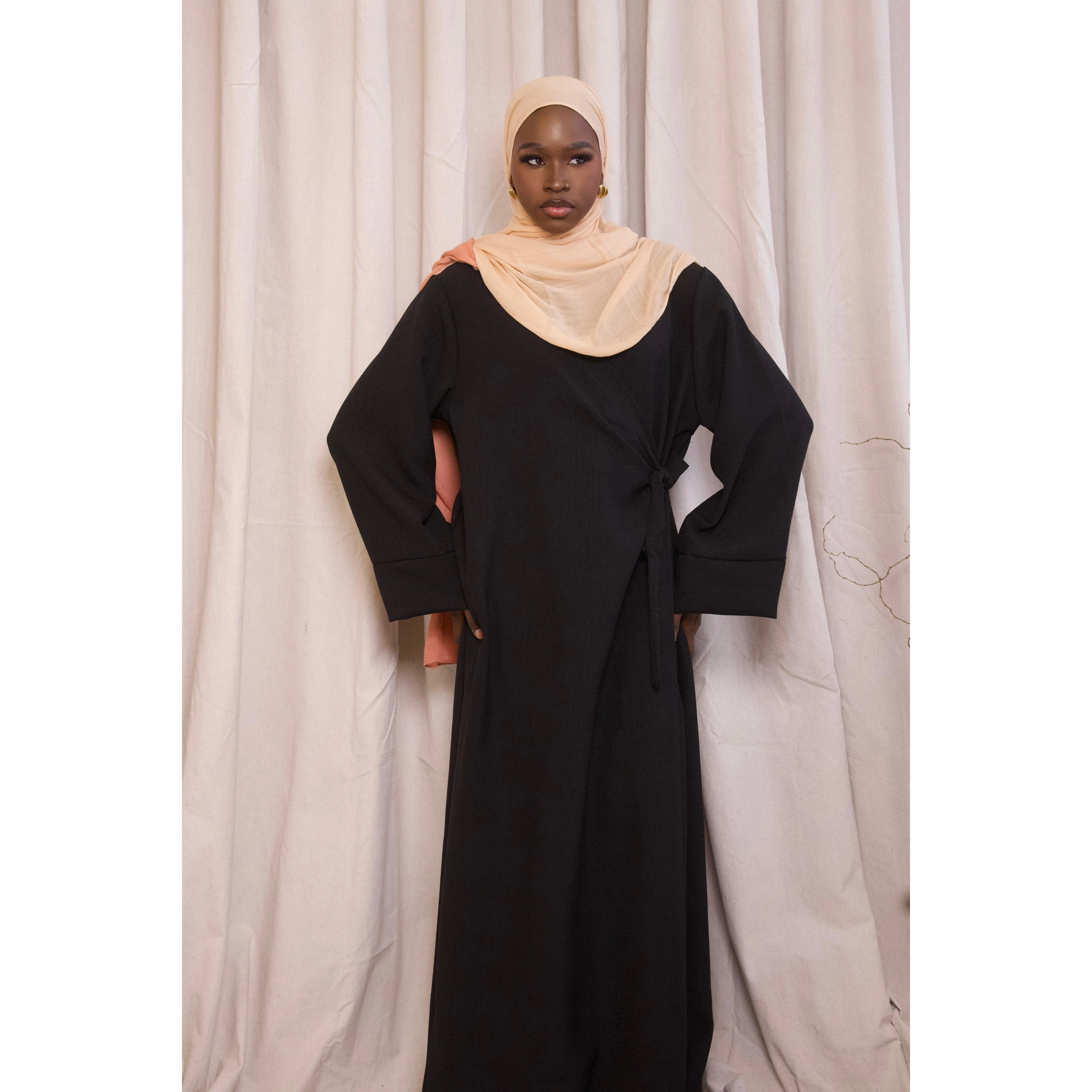 Linen Wrap Abaya - Black, Lightweight Linen Fabric with Adjustable Tie, Minimal Flowing Cut & Wide Cuffs for Everyday Wear