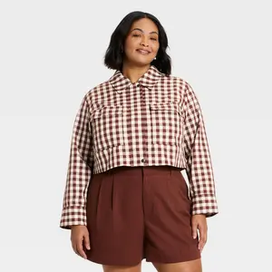 Women's Transitional Cropped Jacket - A New Day Brown Gingham 3X