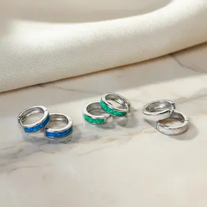 Opal Hoop Earrings | Elegant Silver Opal Huggie Set | Everyday White & Blue Opal Jewelry | October Birthstone Gift