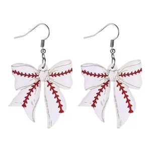 Women's Baseball Bow Earrings: Silver Hypoallergenic Acrylic Drop Dangle Creative Sport Earring Preppy Jewelry for Teen Ladies Fans