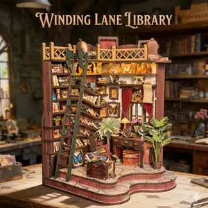 Winding Library Book Nook Bookshelf Decor, 3D Wooden Miniature House Kit, Aesthetic Desk Ornament & Creative Craft Gift for Book Lovers