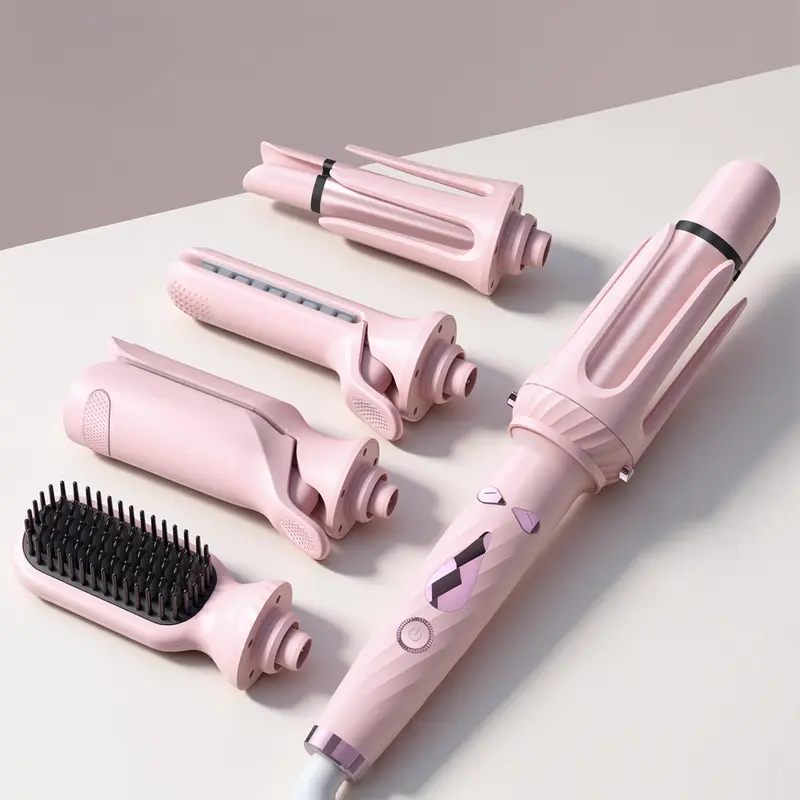 5-in-1 Automatic Rotating Curling Iron Set, Negative Ion Hair Styler for Effortless Curls, Beach Waves & Sleek Straight Looks, Fast Heat-Up, Anti-Scald Design