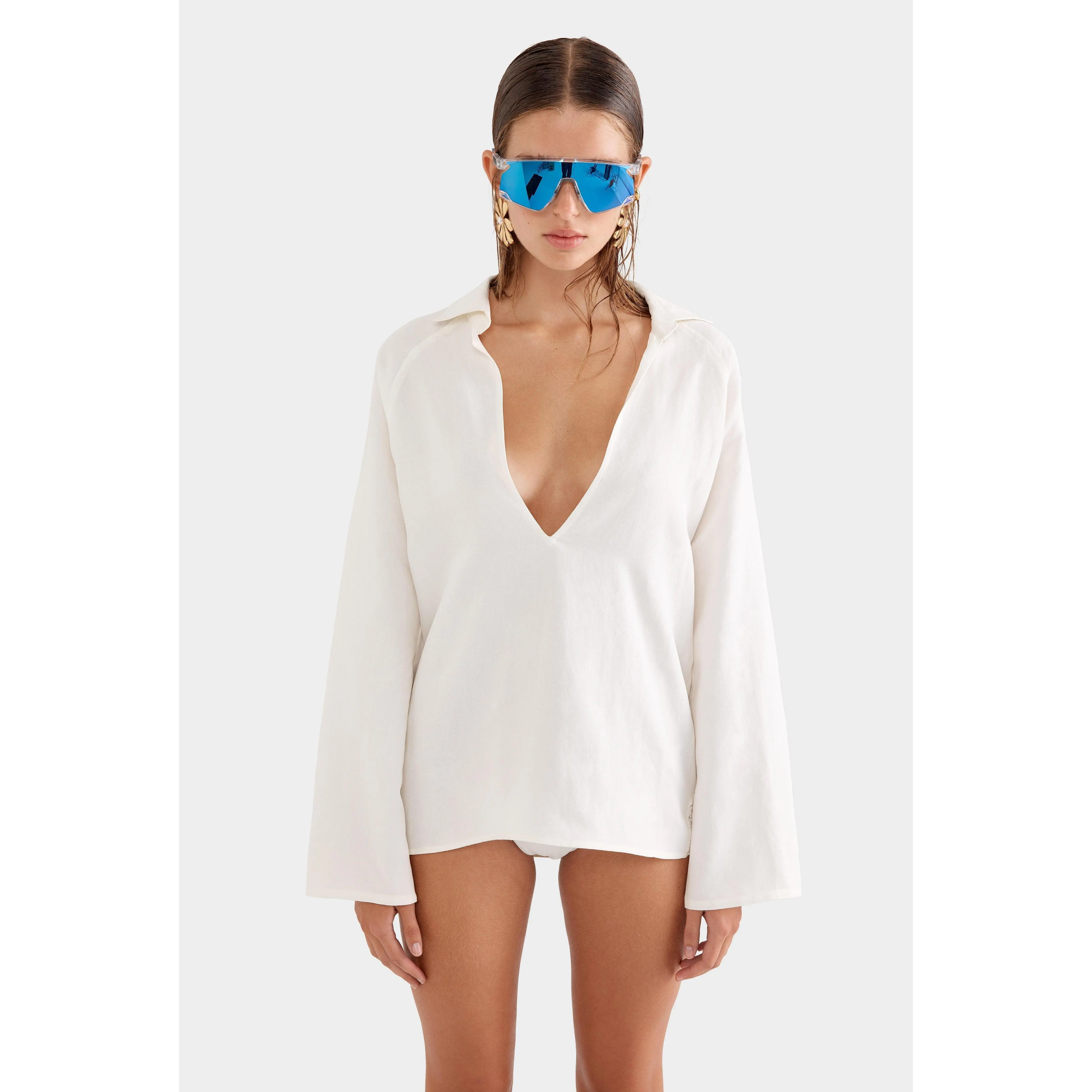 Silk Linen Plunge Shirt - Cream
