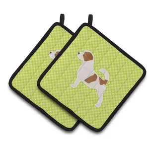 212 MAIN Thick Insulated Quilted Fabric Oven Pot Holders - Colorful Jack Russell Print, Checkerboard Green Hanging Pair, Home Kitchen Bakeware Essential