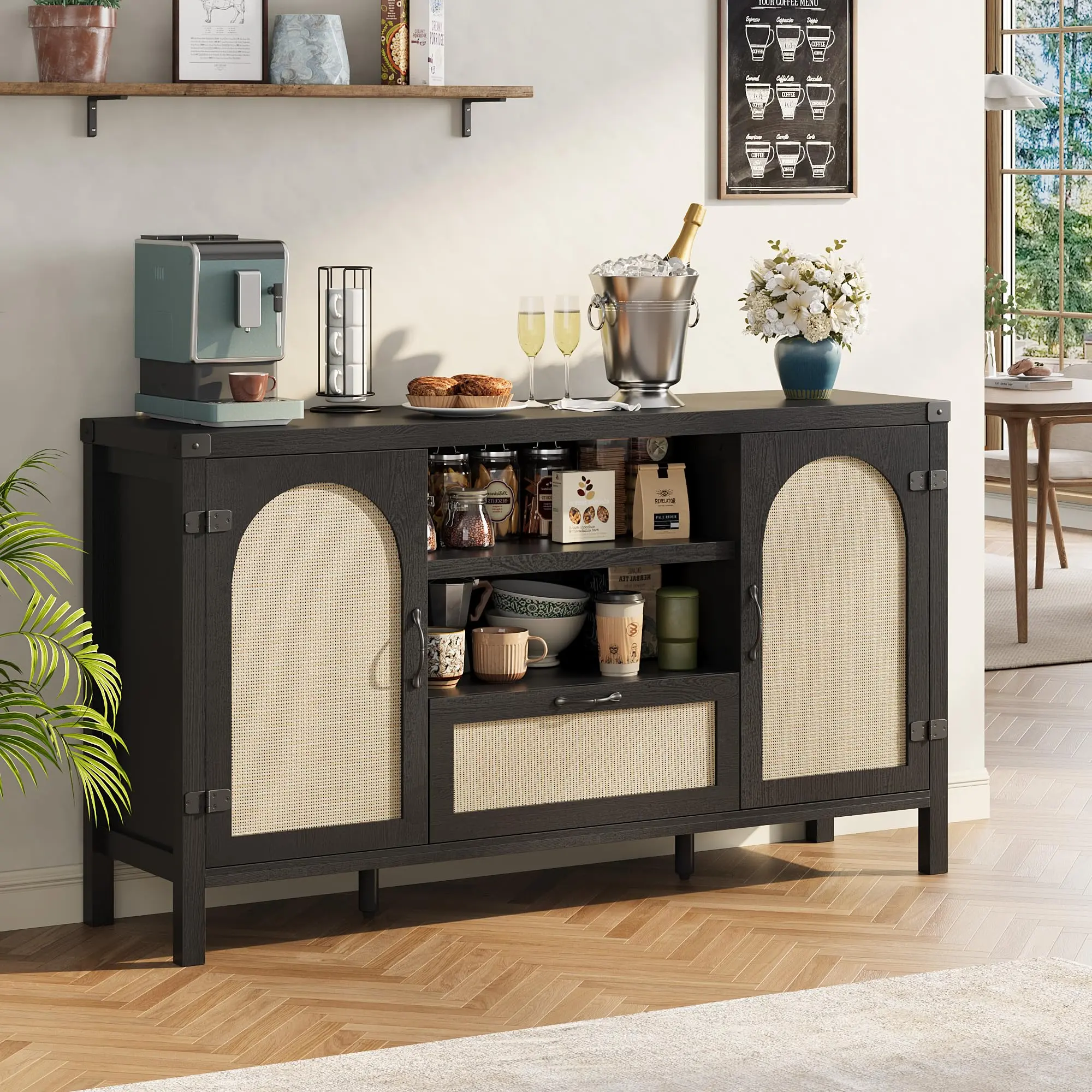 Garvee 47.2" Rattan Sideboard Buffet Cabinet With Storage, Farmhouse Kitchen Buffet Cabinet With Drawer, Boho Wooden Coffee Bar Cabinets With Open Shelves, for Dining Room, Living Room, Black