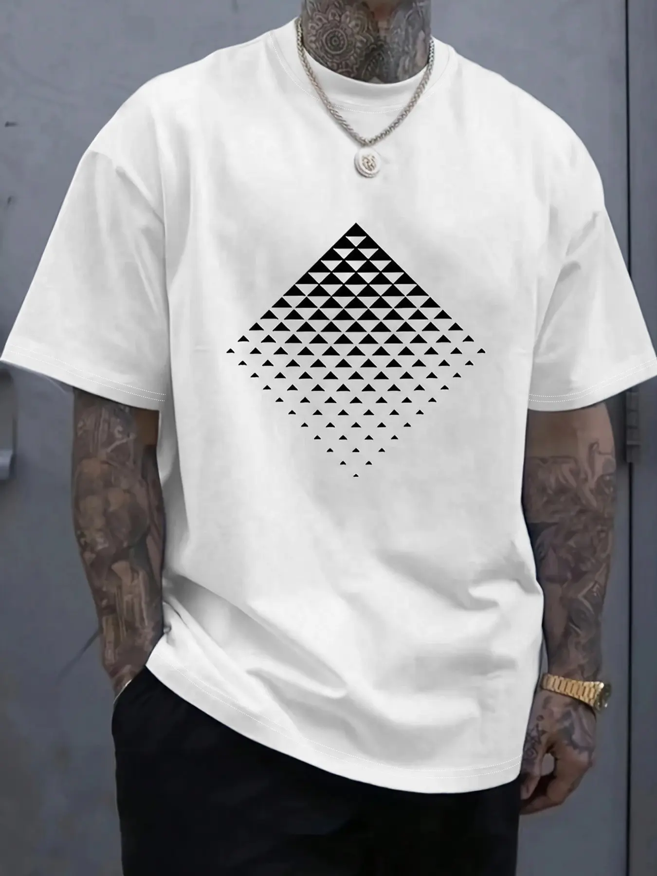 Men's Round Neck Fitted T-Shirt Short Sleeve, Graphic Triangle Block, Casual Fashion Streetwear, Outdoor Sports Campus Style