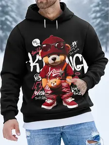 3D digital printing cartoon bear pattern men's black kangaroo bag hooded sweater, Casual warm and comfortable long-sleeved top in autumn and winter, daily leisure and festival outdoor long-sleeved hoodie