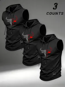 Men's Sporty Bull Print Hooded Sleeveless Vest, High Stretch Slim Fit, American/street Style, Workout Top, Loose-Fitting Compression Wear