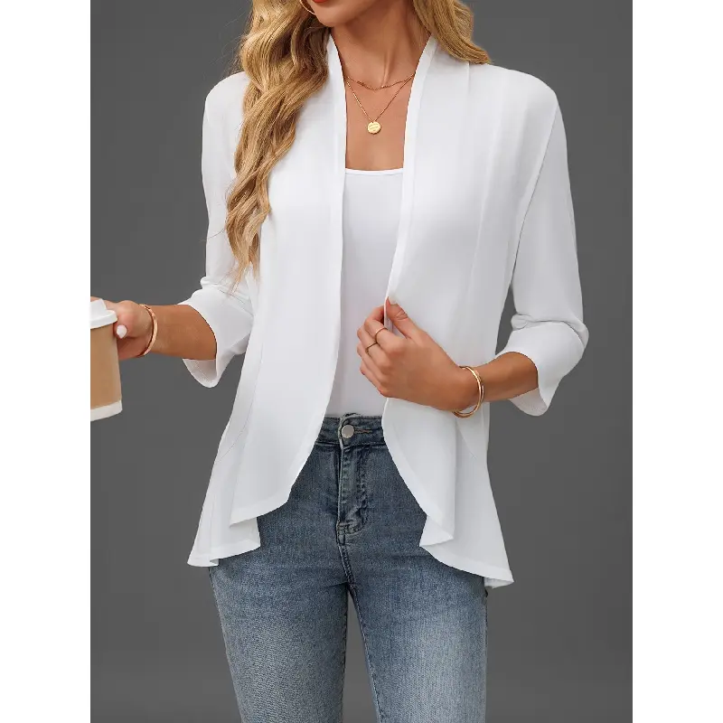 Women's Solid Color Open-Front Ruffle Hem Cardigan - Casual 3-Quarter Sleeve Knit Top for Spring & Summer