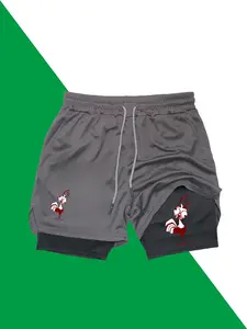Cartoon Rooster Print Two-in-One Double-Layer Casual Sports Shorts, Suitable for Summer Men's Lightweight Quick-Drying, with Zipper Pockets, Breathable Elastic Waistband with Drawstring, Comfortable Running Training Phone Shorts