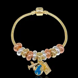 Oro Laminado Gold Filled Wanderlust Travel Charms Bracelet with Multicolor Beads and Airplane Charm