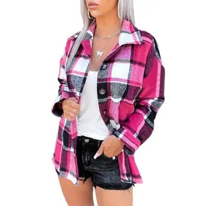 Women’s pink plaid flannel long-sleeve button-down shirt for autumn or winter, regular fit, soft cotton, elegant top for everyday wear, school, work, dates, and vacations