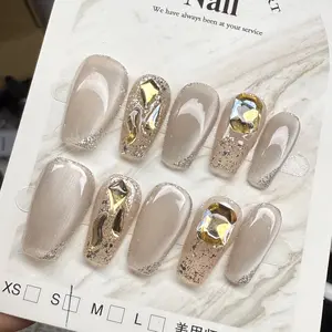 Luxury Nail Freedom! Nude Pink Cat Eye Exquisite Hand-Painted Gold Foil Diamond Press On Fake Nails, Get Glam Nails In 5 Mins, No Salon Needed