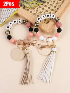 2-Piece Set Mama Beaded Wrist Keychain, PU Material Elegant Design Stylish Keychain, Perfect Gift for Mom Mother's Day Present