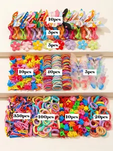 555pcs/Set Girls' Pink Bowknot Hair Clips, Cute Princess Hair Accessories, Elastic Hair Accessory, High Elastic Durable Non-Damaging Hair Ties, Hair Bands, Rabbit Ear Hair Rings, Versatile Duck Clip Barrettes, Suitable For Daily Use
