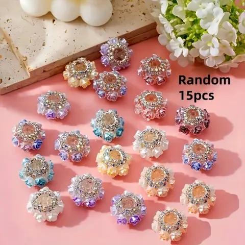 15 elegant and dazzling 3D rose beads, decorated with Synthetic Crystal chains, straight hole beads, suitable for DIY jewelry charm, bead pens, keychains, bracelets, necklaces, phone chains, and handicrafts, Charms For Jewelry Making,