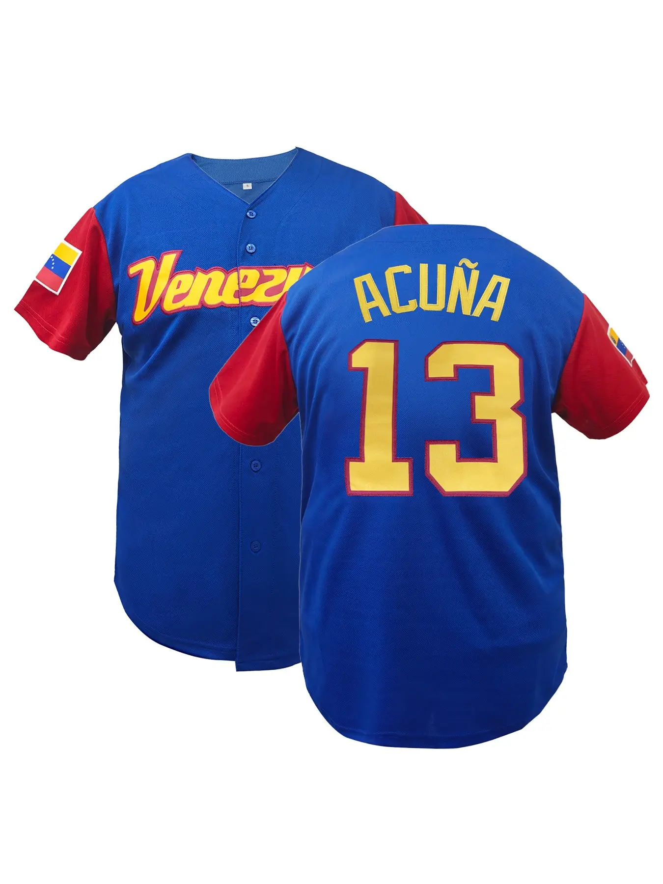 Men's Letter & Figure Patched Button Front Baseball Jersey, Venezuela 13 Embroidered Baseball Shirt, Short Sleeve V-Neck Baseball Top, Unisex Sportswear for Training & Competition, Sports Tops