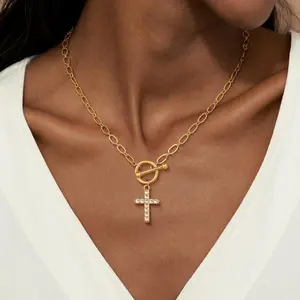 KOPERIN Gold Adjustable Chain Necklace with Cross Pendant for Women Dainty Link Paperclip Cuban Rope Choker, T-Bar Adjustable Clasp, Chunky Necklace for Everyday Wear