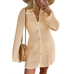 Imily Bela Womens Crochet Swimsuit Coverup Button Down Long Sleeve Cardigan Mini Dress Beach Cover Ups Vacation Outfits