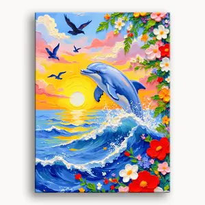Leaping Dolphins Paint by Numbers Kit Framed & Unframed Easy Painting for All Ages DIY Canvas Oil Painting Color by Numbers Paint Kit with Vibrant Ocean and Floral Design