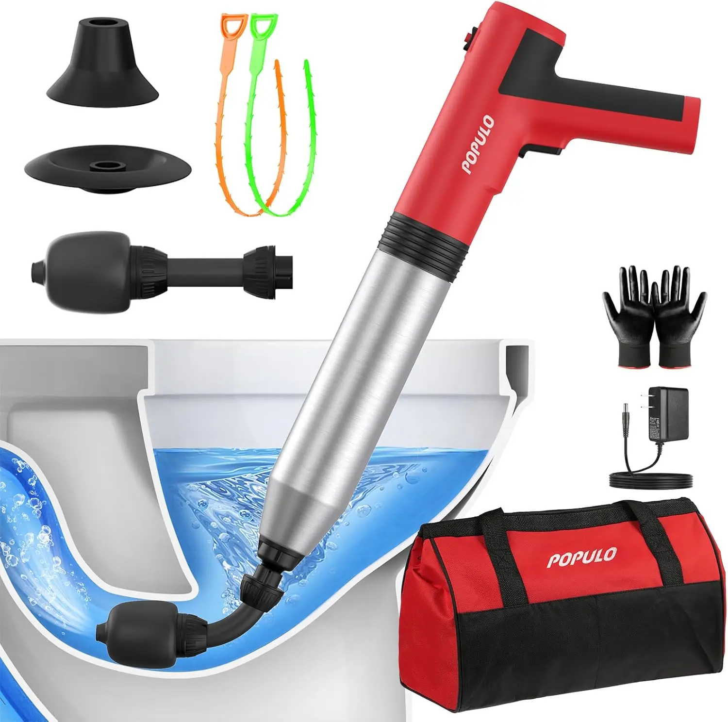 POPULO Electric Toilet Plunger with Stainless Steel Pump - 4-5 Bar High-Pressure Home Bathroom Gadget for Effortless Unclogging of Floor Drain, Kitchen Drains - Heavy-Duty Versatile Tool with Storage