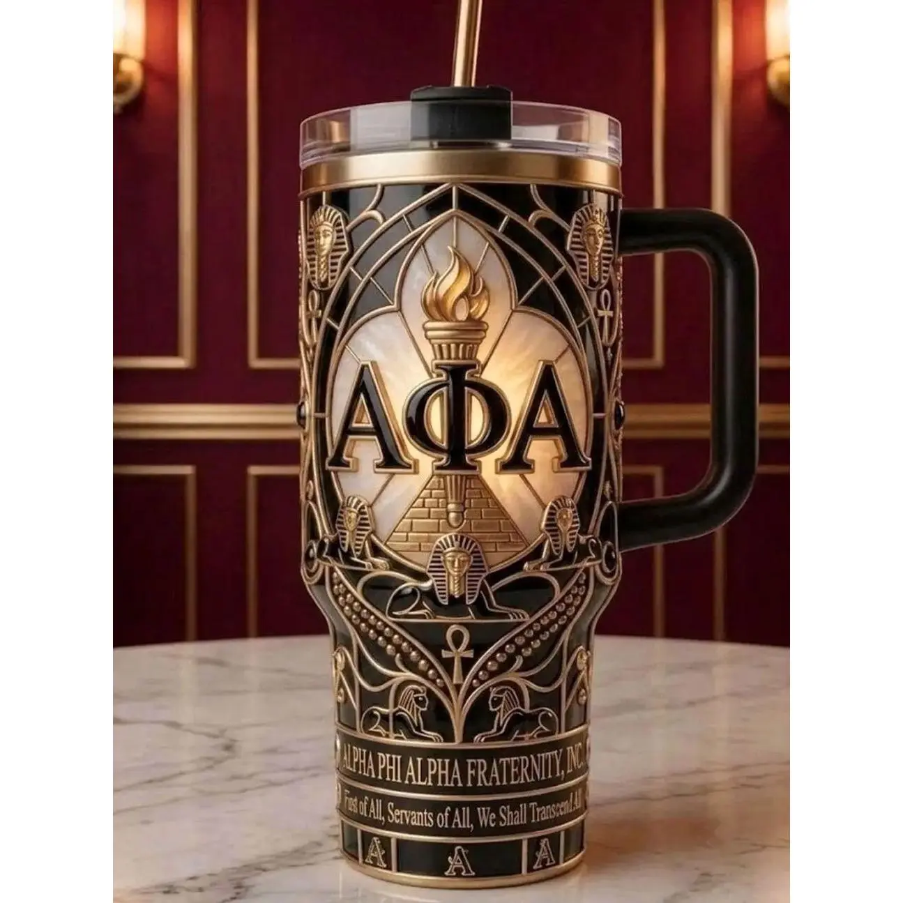 Alpha Phi Alpha 40oz Tumbler with Handle | Custom AFA Fraternity Gifts | Premium Black & Gold Insulated Travel Mug with Straw